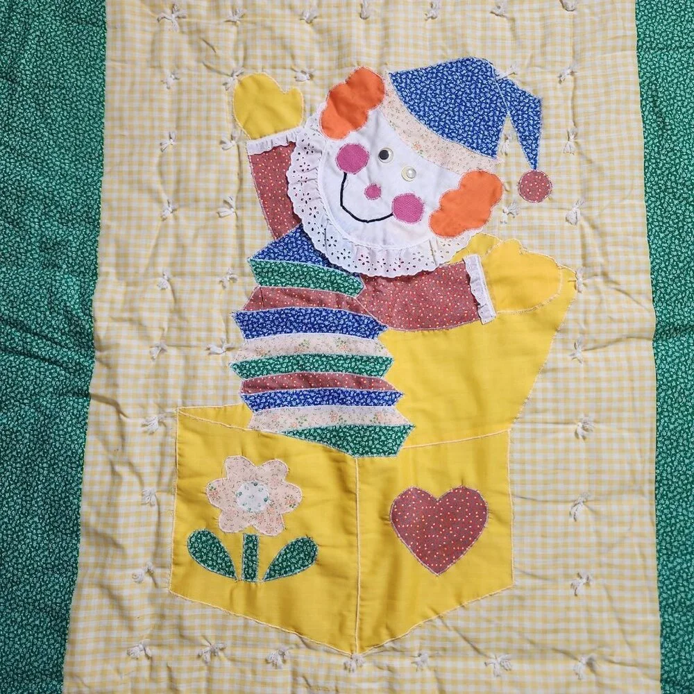 Vintage Handmade Patchwork Jack In the Box Clown Crib Gingham Floral Quilt